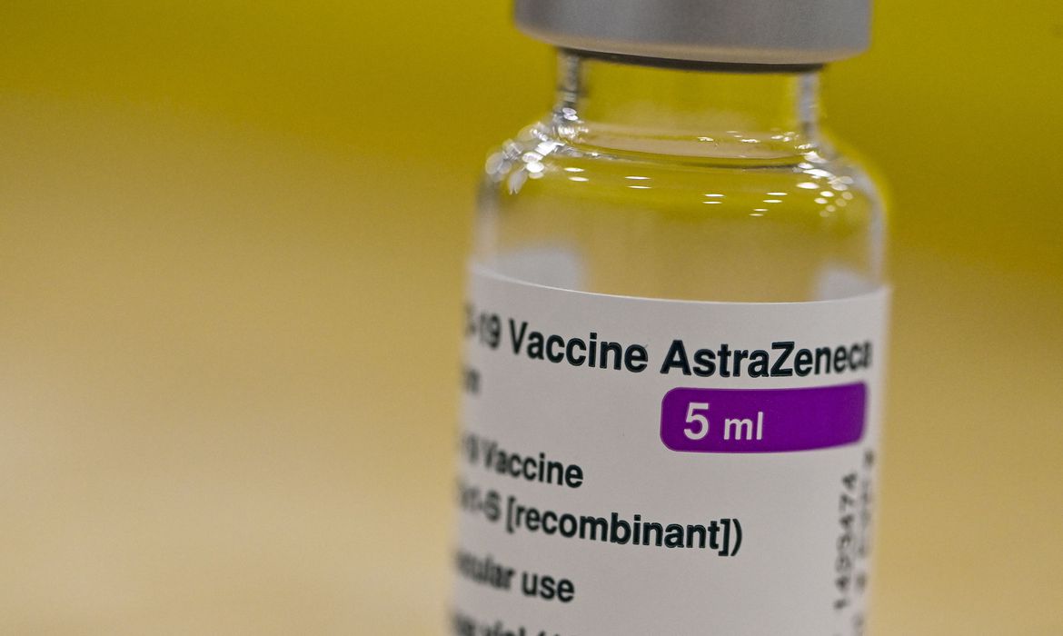 A vial of the AstraZeneca vaccine pictured at the Covid vaccination centre at Park Spoor Oost, in Antwerp, Tuesday 23 March 2021.  BELGA PHOTO DIRK WAEM. No Use Belgium.